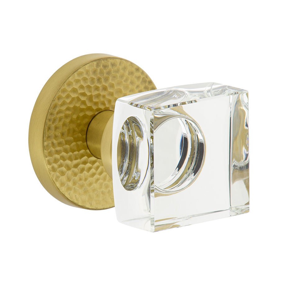 Complete Passage Set - Circolo Hammered Rosette with Quadrato Crystal Knob in Satin Brass