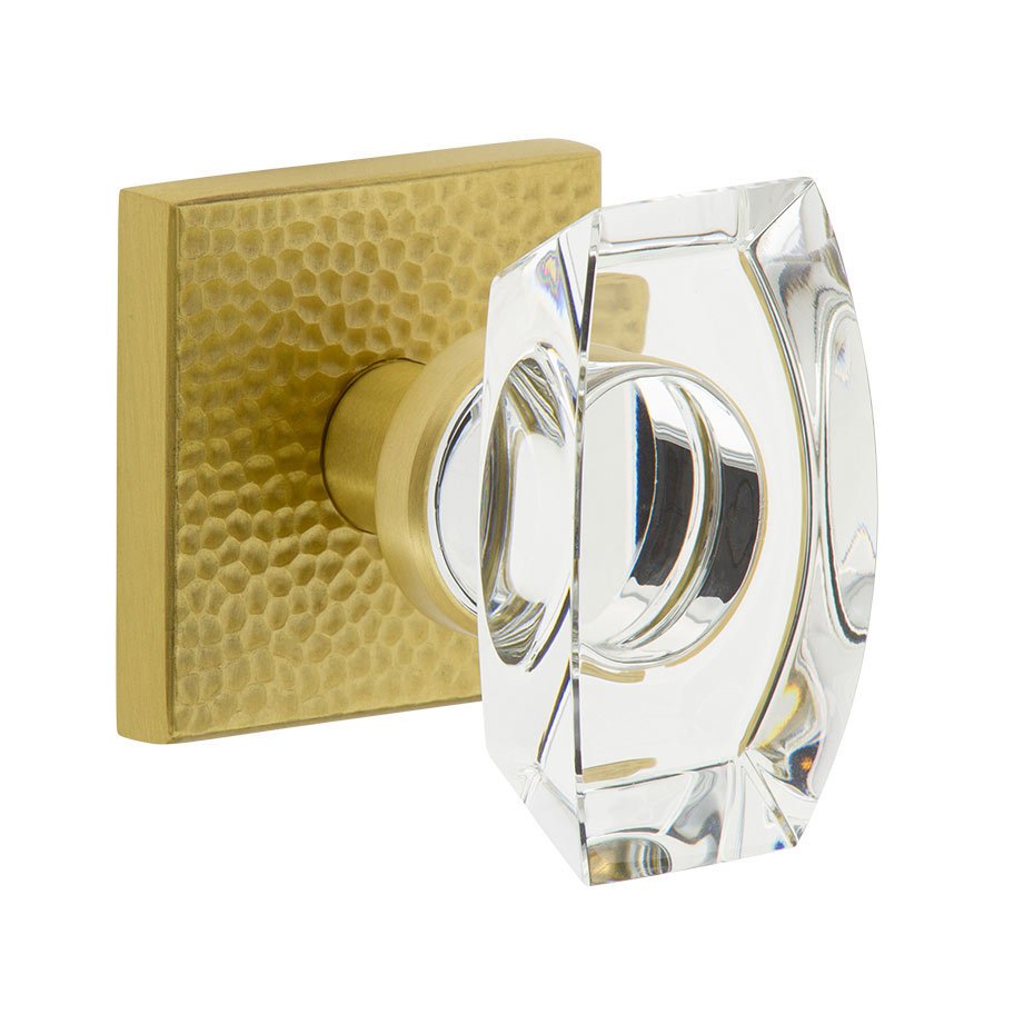Complete Passage Set - Quadrato Hammered Rosette with Stella Crystal Knob in Satin Brass