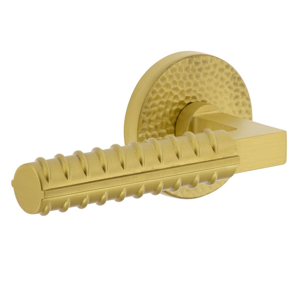 Complete Passage Set  - Circolo Hammered Rosette with Left Handed Contempo Rebar Lever  in Satin Brass