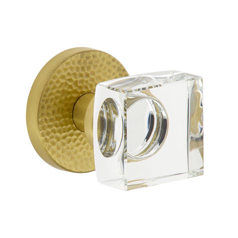 Complete Privacy Set - Circolo Hammered Rosette with Quadrato Crystal Knob in Satin Brass