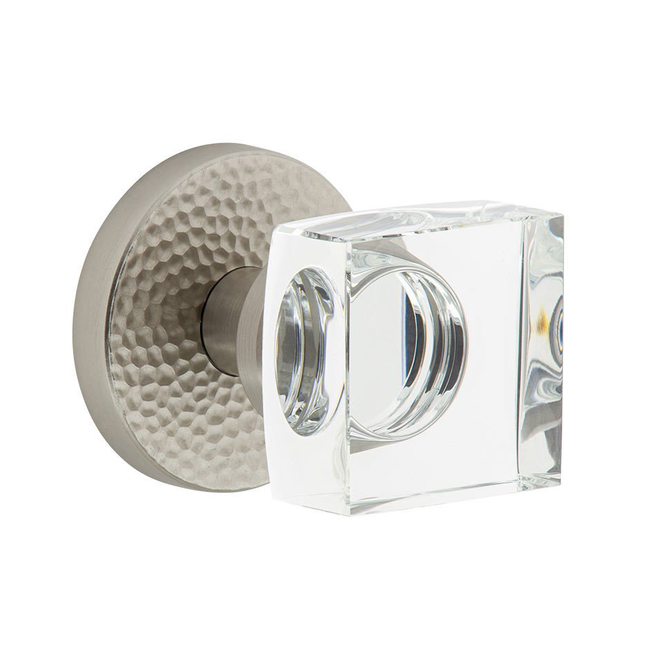 Complete Privacy Set - Circolo Hammered Rosette with Quadrato Crystal Knob in Satin Nickel
