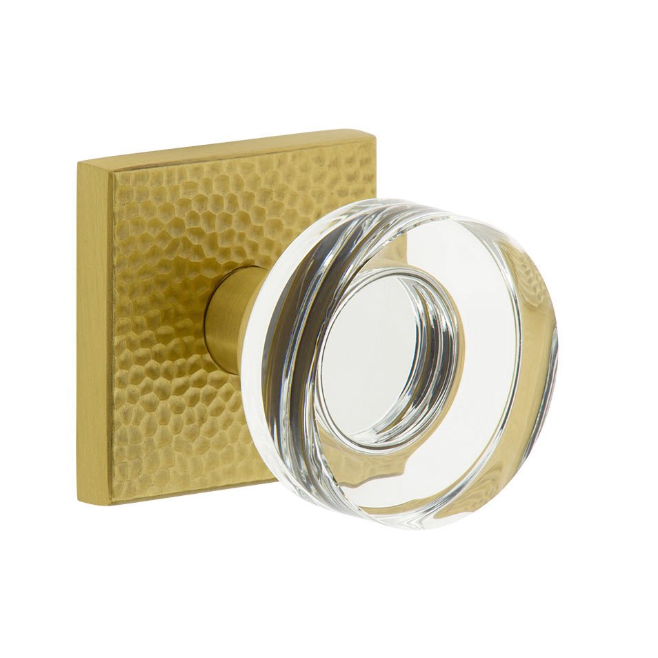 Complete Privacy Set - Quadrato Hammered Rosette with Circolo Crystal Knob in Satin Brass