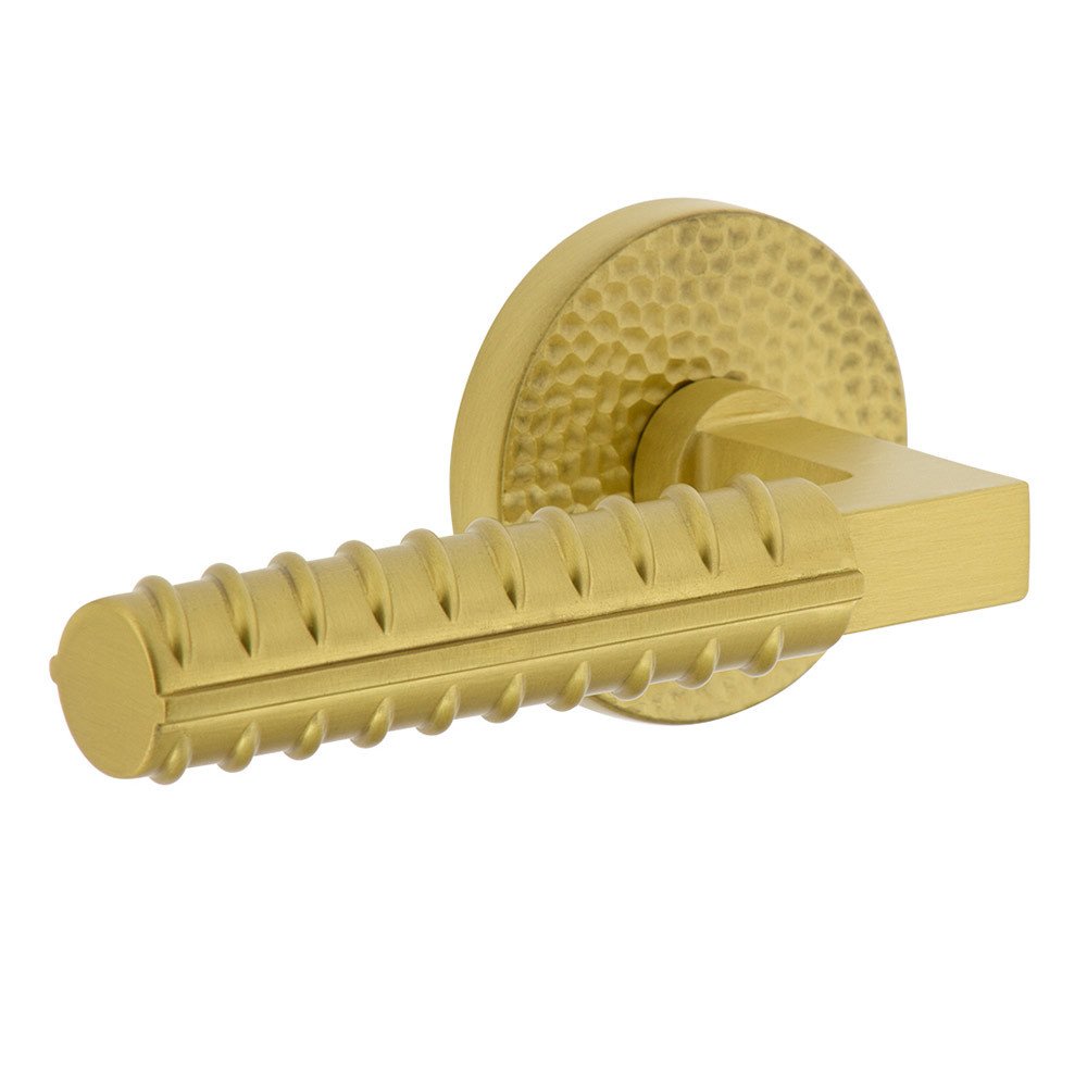 Complete Privacy Set - Circolo Hammered Rosette with Left Handed Contempo Rebar Lever in Satin Brass