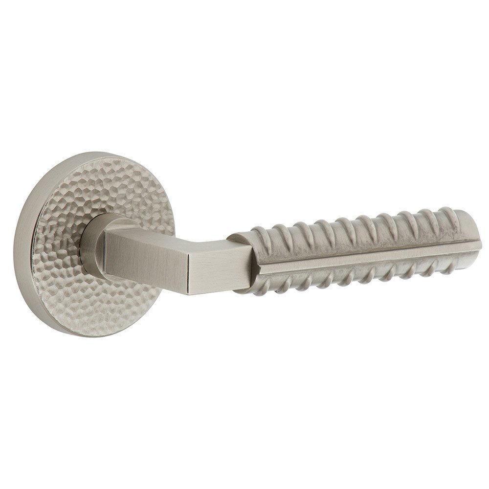 Complete Privacy Set - Circolo Hammered Rosette with Right Handed Contempo Rebar Lever  in Satin Nickel