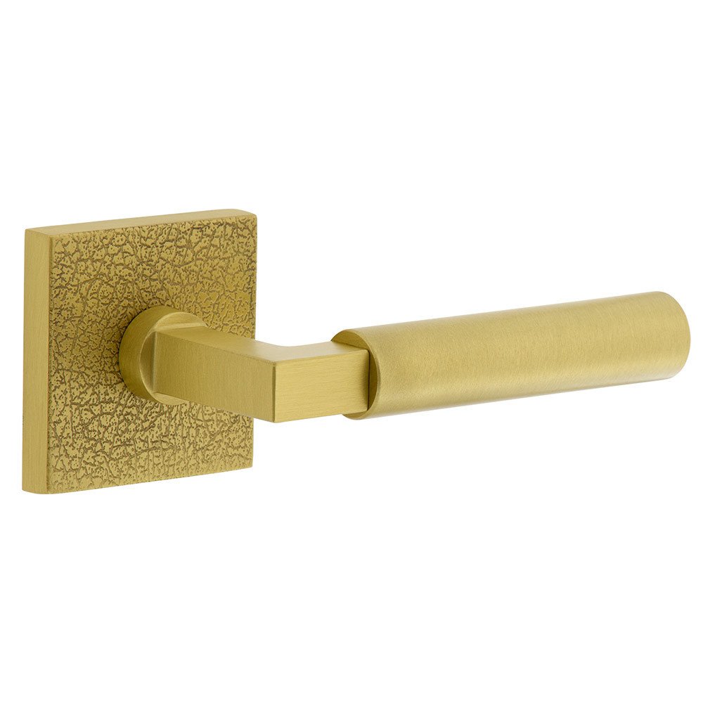Complete Privacy Set - Quadrato Leather Rosette with Right Handed Contempo Smooth Lever  in Satin Brass
