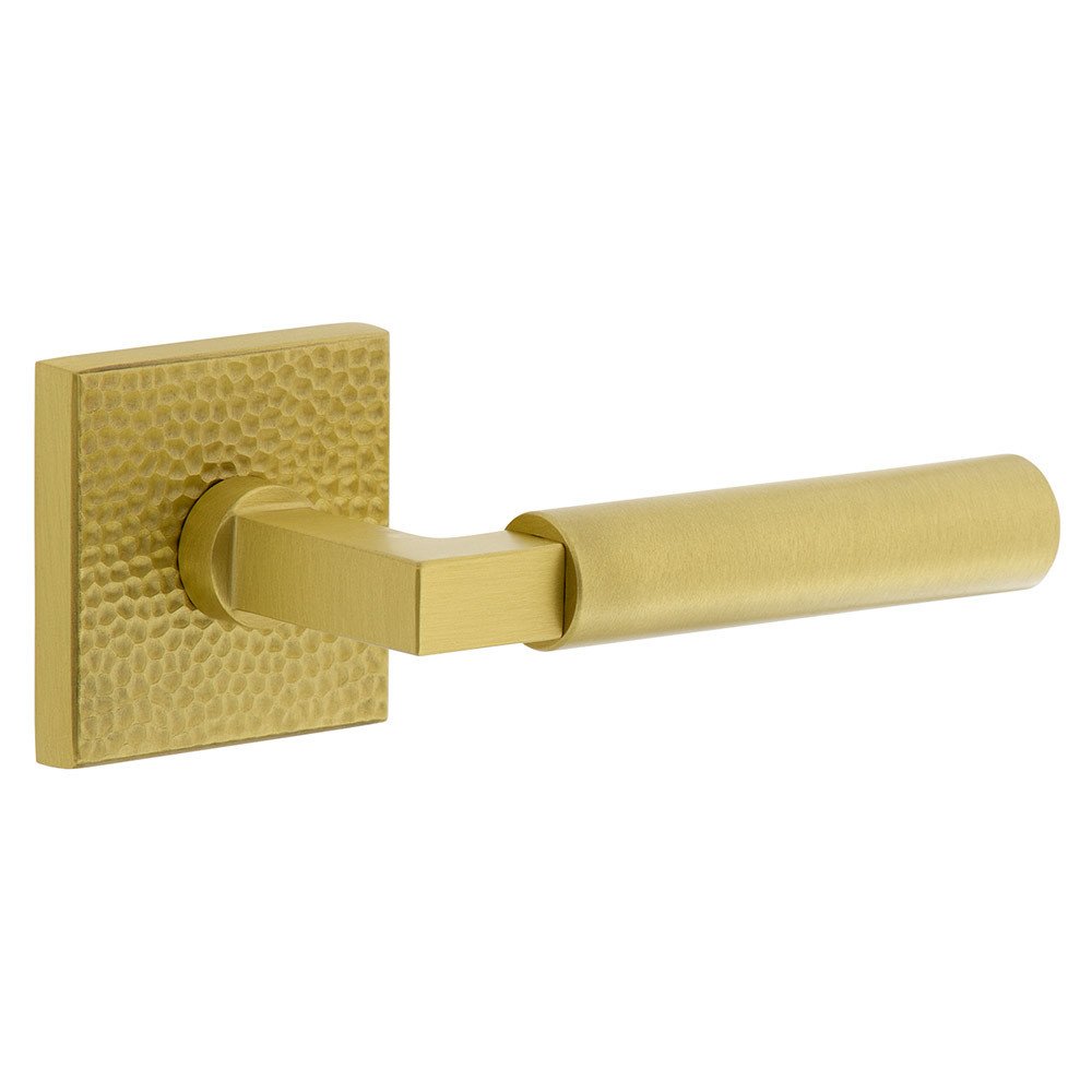 Single Dummy - Quadrato Hammered Rosette with Right Handed Contempo Smooth Lever in Satin Brass
