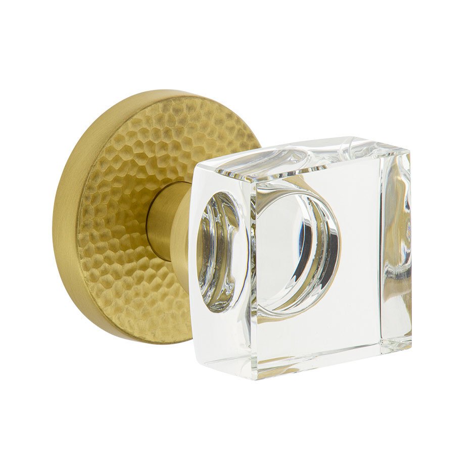 Complete Double Dummy Set - Circolo Hammered Rosette with Quadrato Crystal Knob in Satin Brass