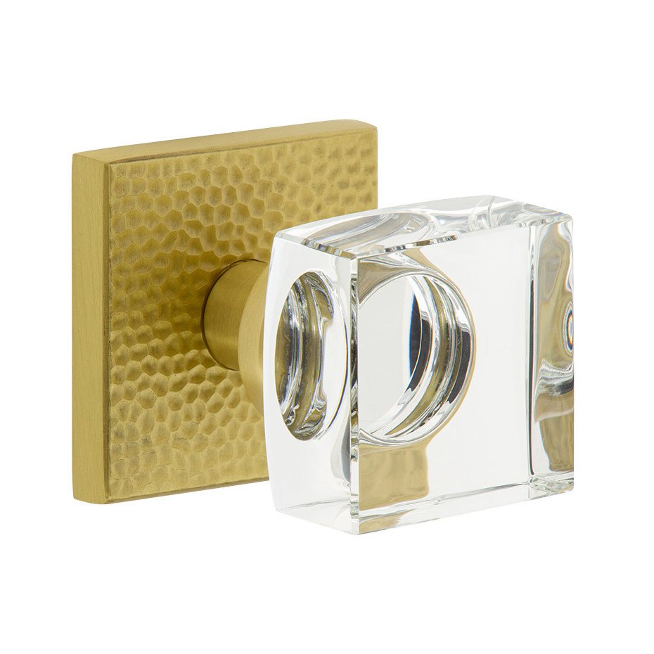 Complete Double Dummy Set - Quadrato Hammered Rosette with Quadrato Crystal Knob in Satin Brass