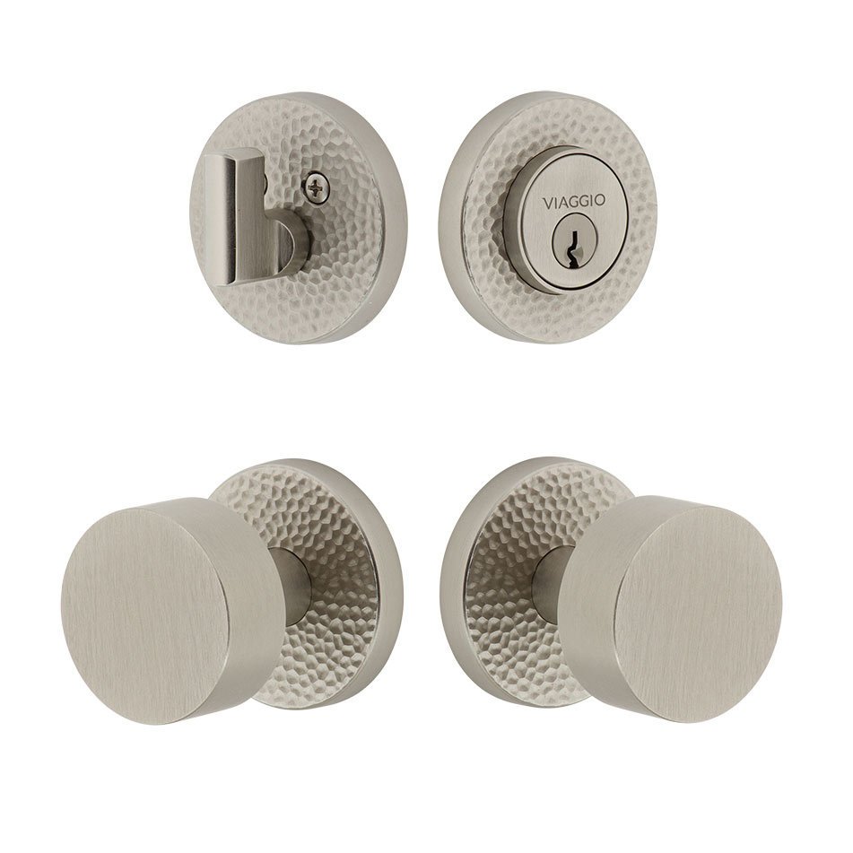Circolo Hammered Rosette with Circolo Brass Knob and matching Deadbolt in Satin Nickel