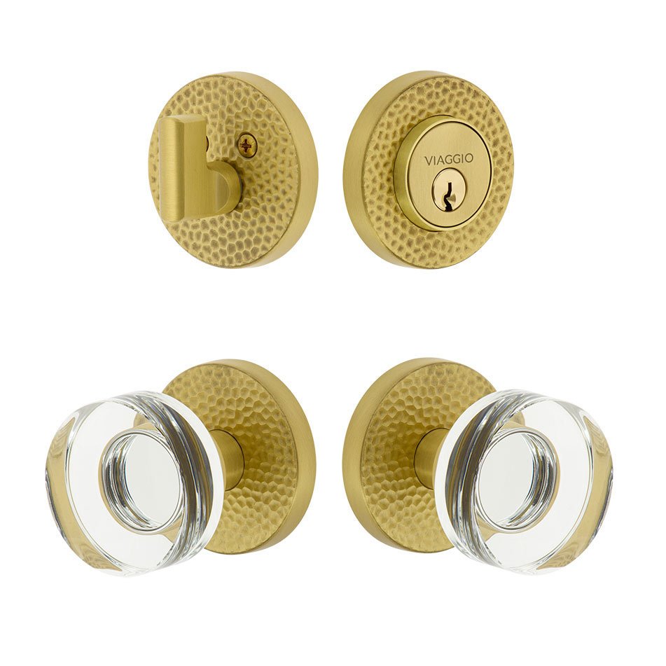 Circolo Hammered Rosette with Circolo Crystal Knob and matching Deadbolt in Satin Brass