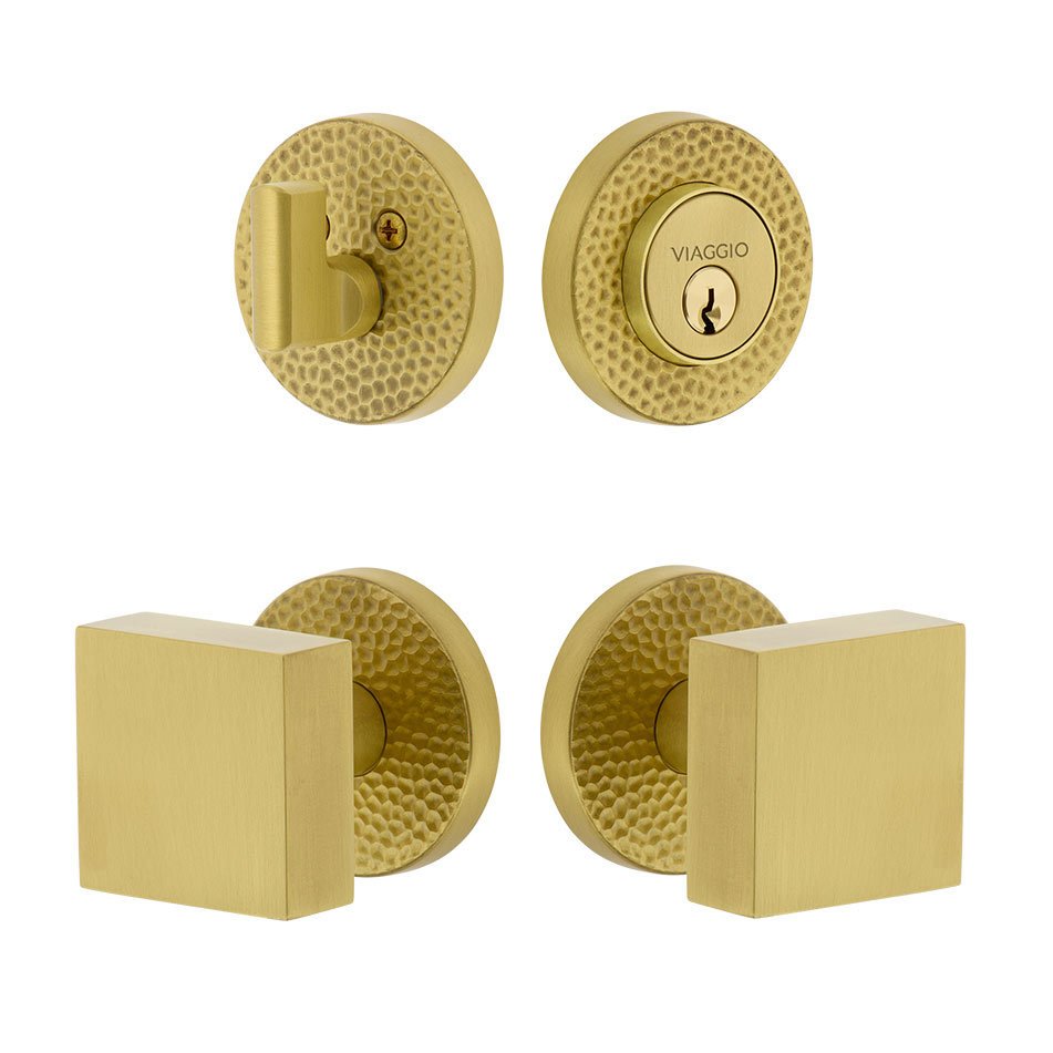 Circolo Hammered Rosette with Quadrato Brass Knob and matching Deadbolt in Satin Brass