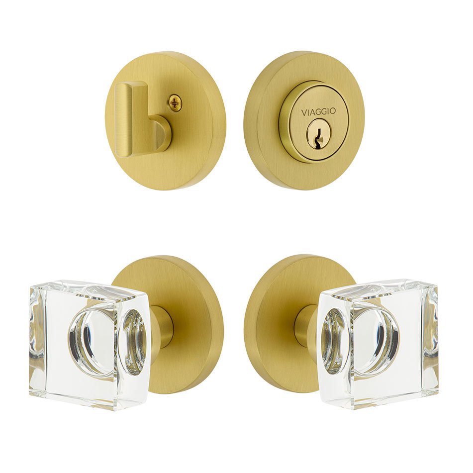Circolo Rosette with Quadrato Crystal Knob and matching Deadbolt in Satin Brass