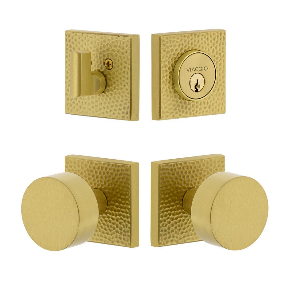 Quadrato Hammered Rosette with Circolo Brass Knob and matching Deadbolt in Satin Brass