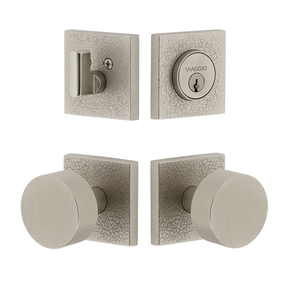 Quadrato Leather Rosette with Circolo Brass Knob and matching Deadbolt in Satin Nickel