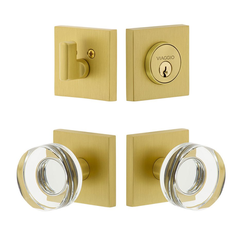 Quadrato Rosette with Circolo Crystal Knob and matching Deadbolt in Satin Brass
