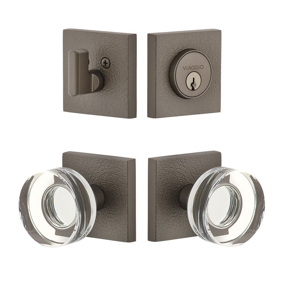 Quadrato Leather Rosette with Circolo Crystal Knob and matching Deadbolt in Titanium Gray
