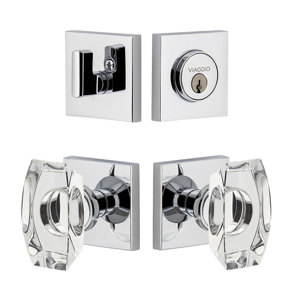 Quadrato Rosette with Stella Crystal Knob and matching Deadbolt in Bright Chrome
