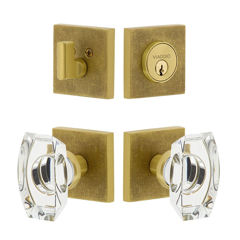 Quadrato Linen Rosette with Stella Crystal Knob and matching Deadbolt in Satin Brass