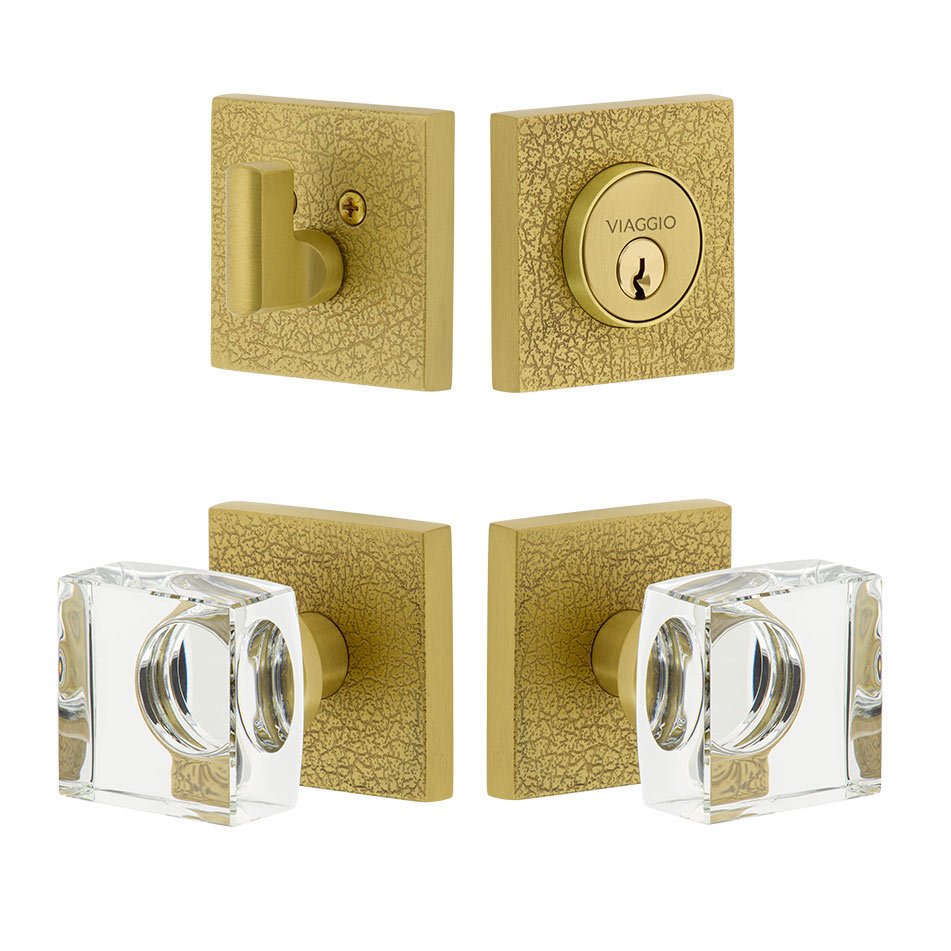 Quadrato Leather Rosette with Quadrato Crystal Knob and matching Deadbolt in Satin Brass