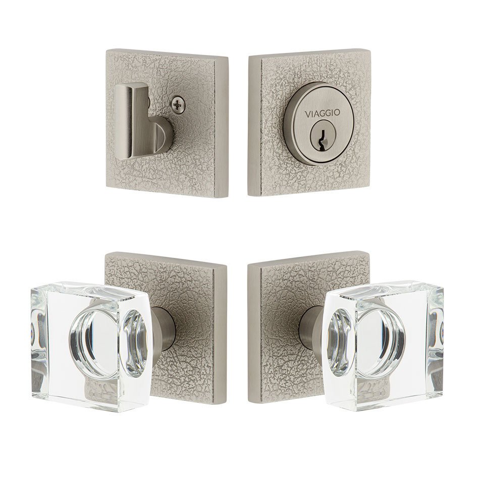 Quadrato Leather Rosette with Quadrato Crystal Knob and matching Deadbolt in Satin Nickel