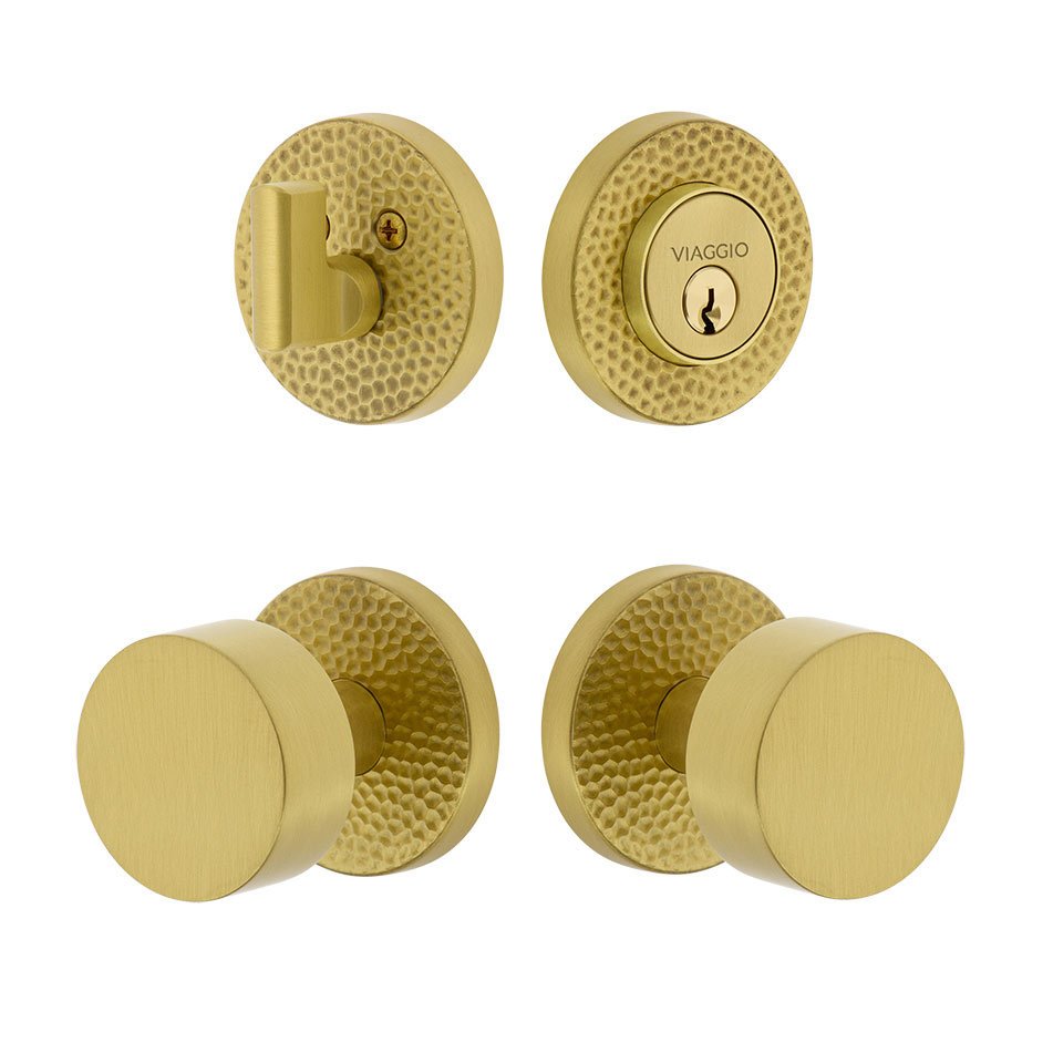 Circolo Hammered Rosette with Circolo Brass Knob and matching Deadbolt in Satin Brass