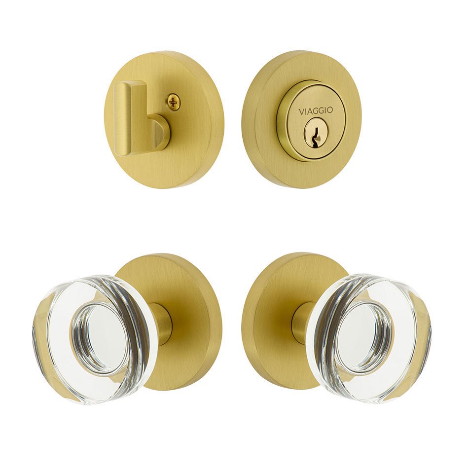 Circolo Rosette with Circolo Crystal Knob and matching Deadbolt in Satin Brass