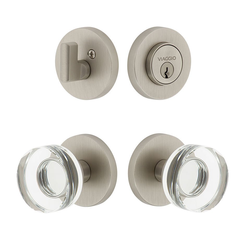 Circolo Rosette with Circolo Crystal Knob and matching Deadbolt in Satin Nickel