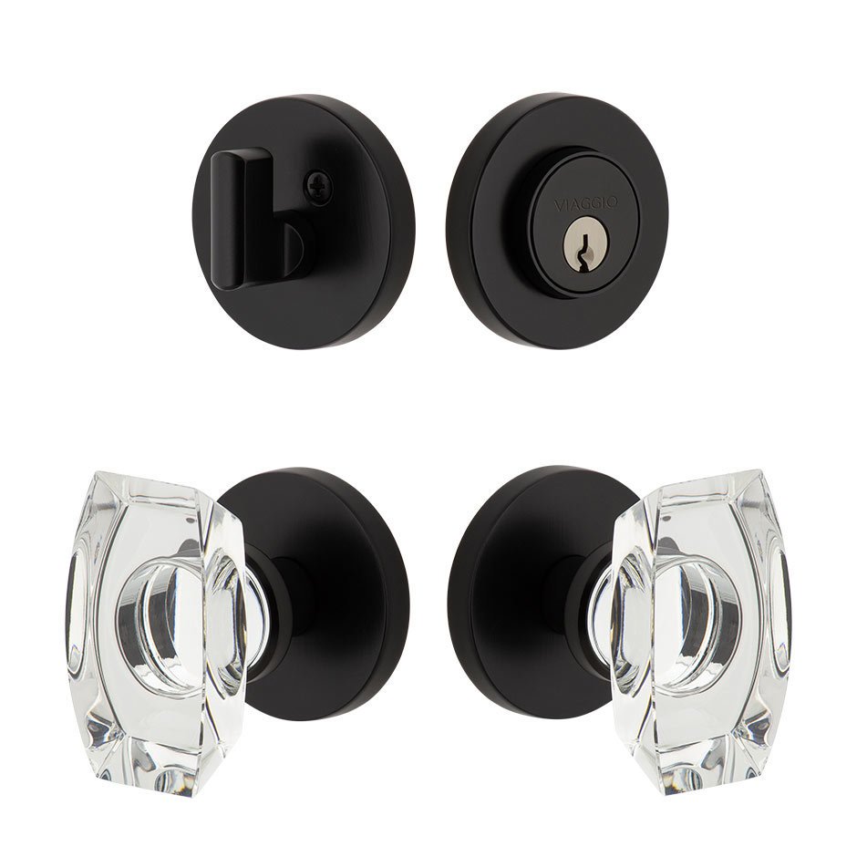 Circolo Rosette with Stella Crystal Knob and matching Deadbolt in Satin Black