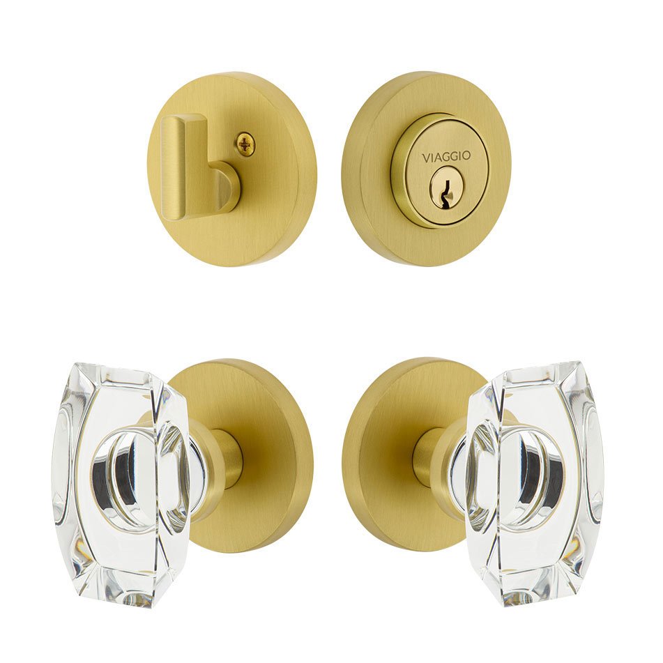 Circolo Rosette with Stella Crystal Knob and matching Deadbolt in Satin Brass