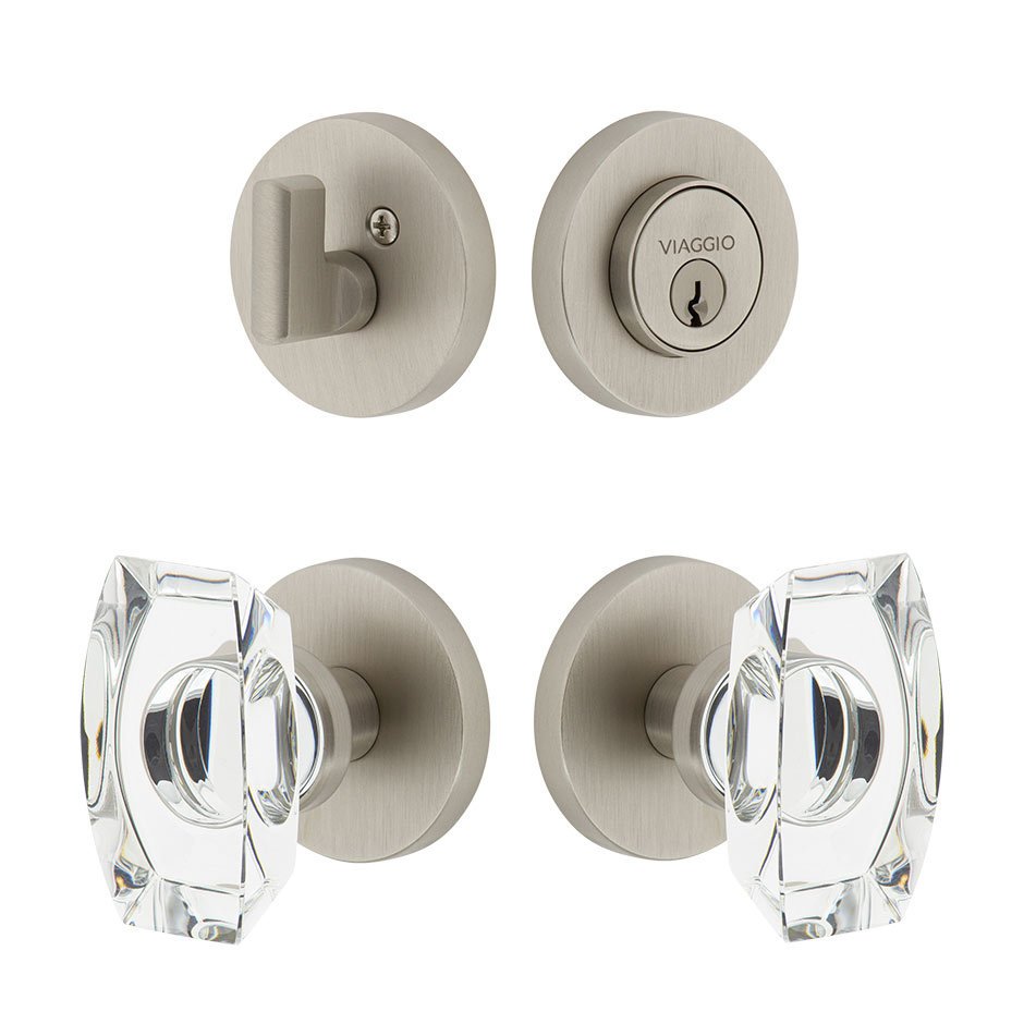 Circolo Rosette with Stella Crystal Knob and matching Deadbolt in Satin Nickel