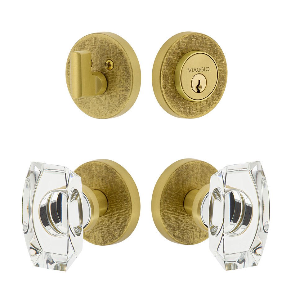 Circolo Linen Rosette with Stella Crystal Knob and matching Deadbolt in Satin Brass