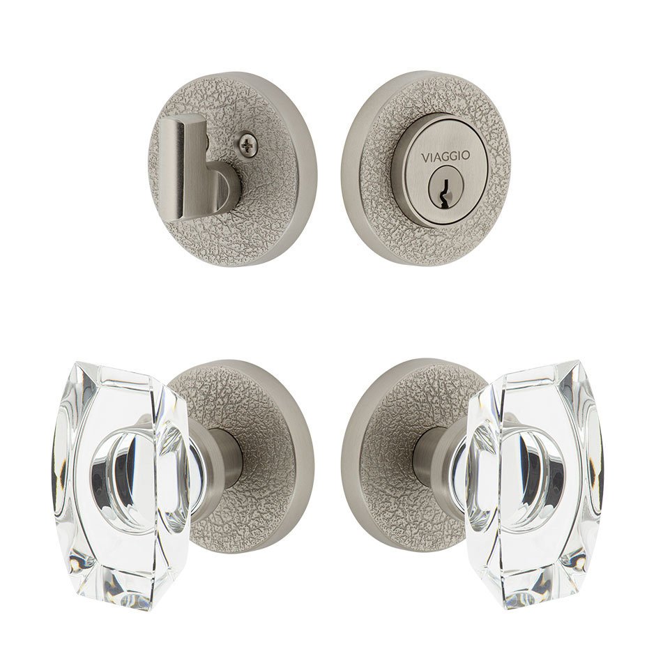 Circolo Leather Rosette with Stella Crystal Knob and matching Deadbolt in Satin Nickel