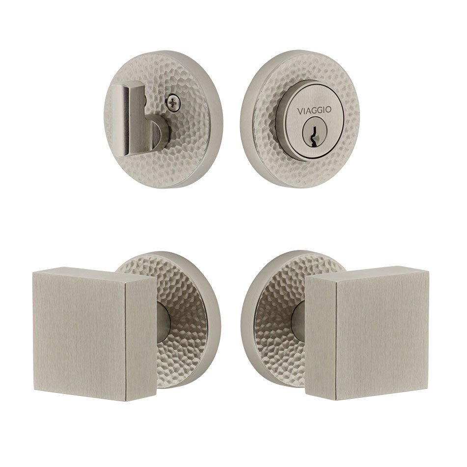 Circolo Hammered Rosette with Quadrato Brass Knob and matching Deadbolt in Satin Nickel