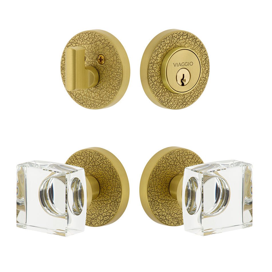 Circolo Leather Rosette with Quadrato Crystal Knob and matching Deadbolt in Satin Brass