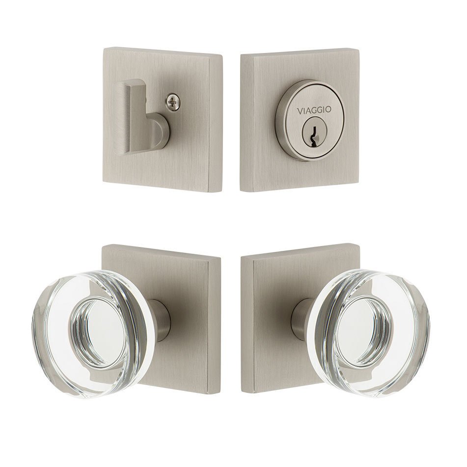 Quadrato Rosette with Circolo Crystal Knob and matching Deadbolt in Satin Nickel