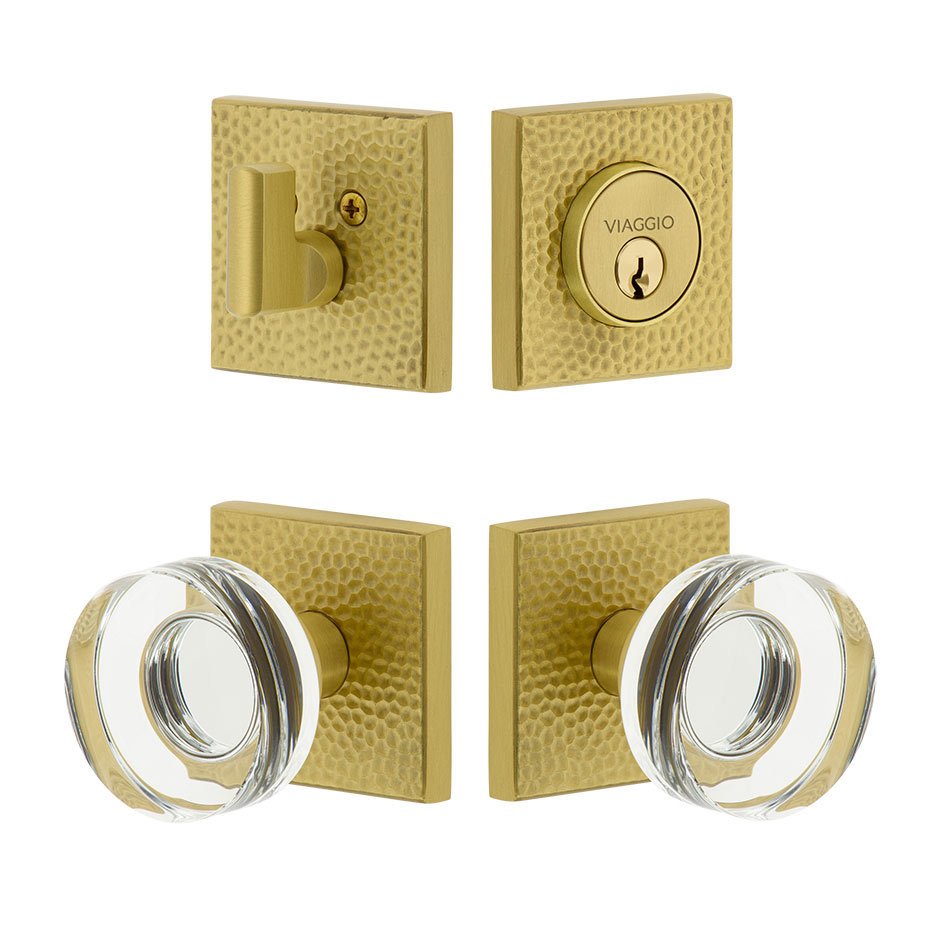 Quadrato Hammered Rosette with Circolo Crystal Knob and matching Deadbolt in Satin Brass