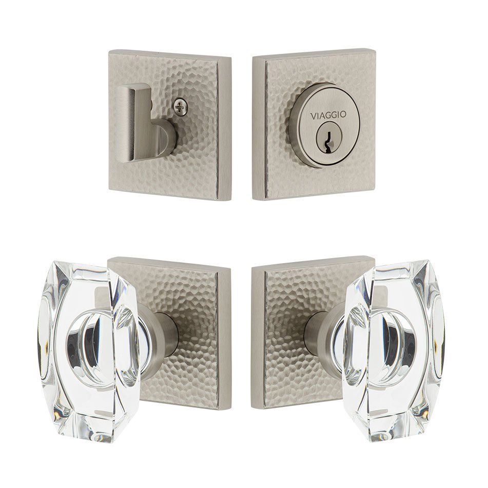 Quadrato Hammered Rosette with Stella Crystal Knob and matching Deadbolt in Satin Nickel