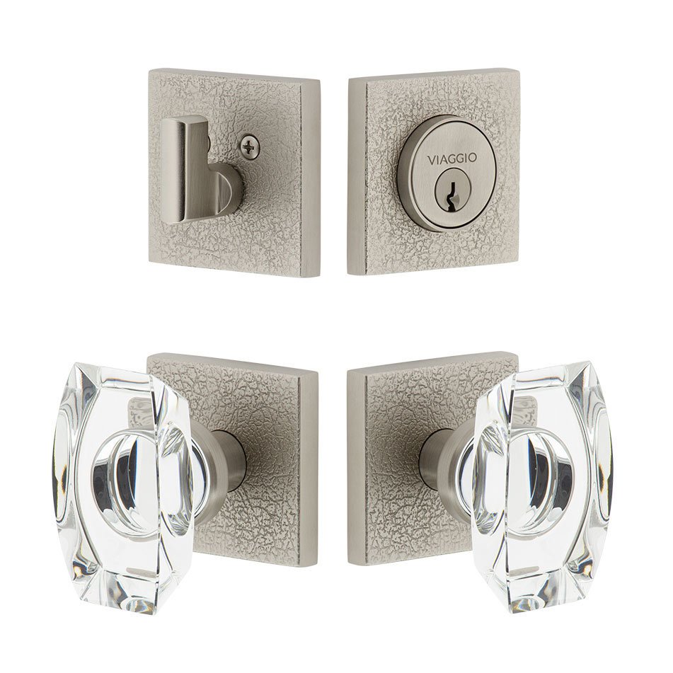 Quadrato Leather Rosette with Stella Crystal Knob and matching Deadbolt in Satin Nickel