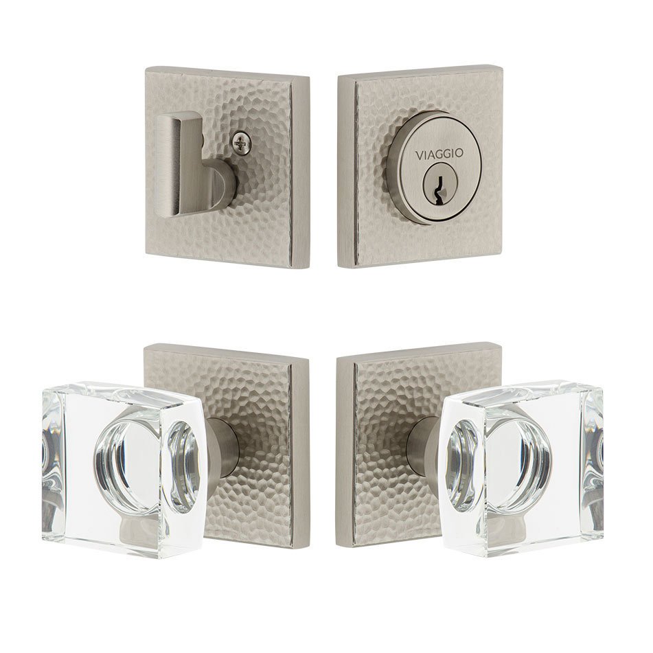 Quadrato Hammered Rosette with Quadrato Crystal Knob and matching Deadbolt in Satin Nickel