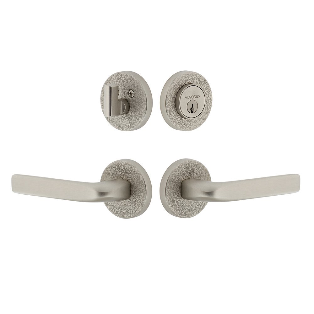 Circolo Leather Rosette with Bella Lever and matching Deadbolt in Satin Nickel