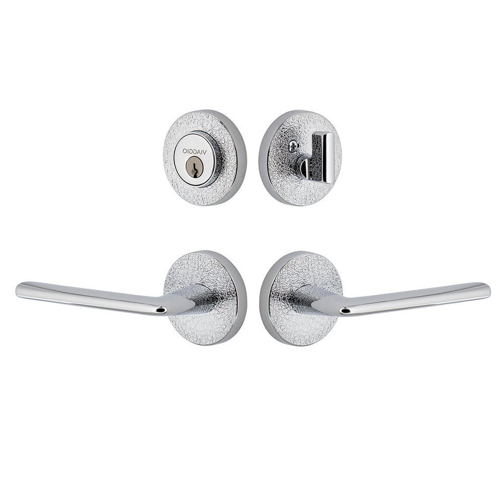 Circolo Leather Rosette with Brezza Lever and matching Deadbolt in Bright Chrome
