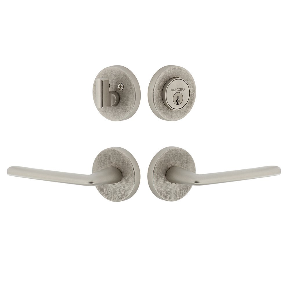 Circolo Linen Rosette with Brezza Lever and matching Deadbolt in Satin Nickel