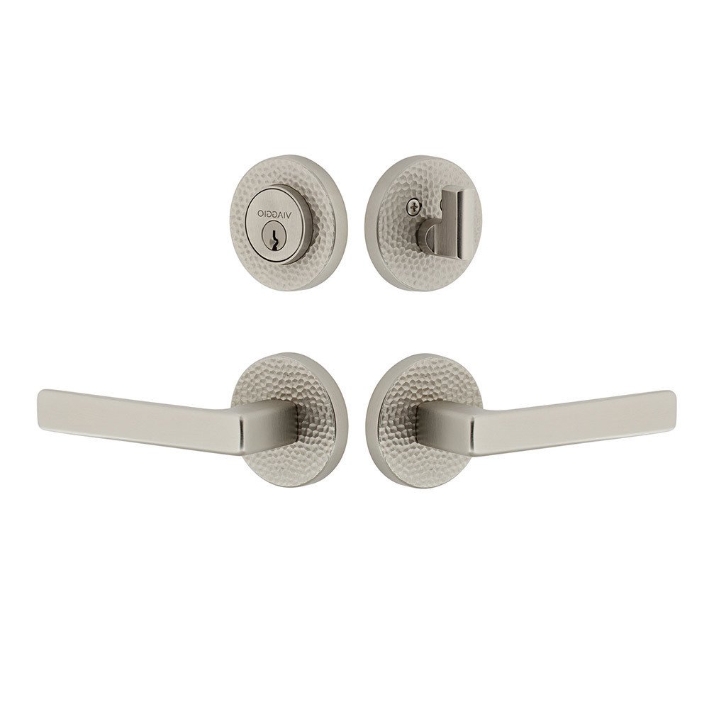 Circolo Hammered Rosette with Lusso Lever and matching Deadbolt in Satin Nickel