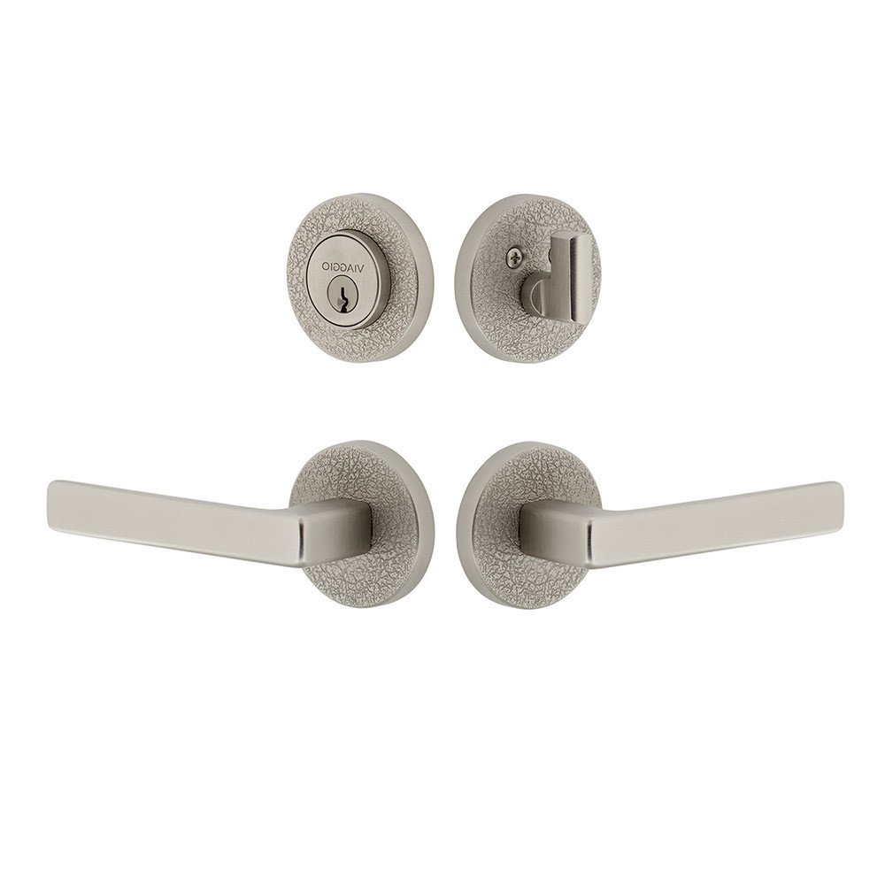 Circolo Leather Rosette with Lusso Lever and matching Deadbolt in Satin Nickel