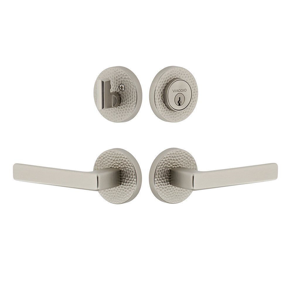 Circolo Hammered Rosette with Lusso Lever and matching Deadbolt in Satin Nickel