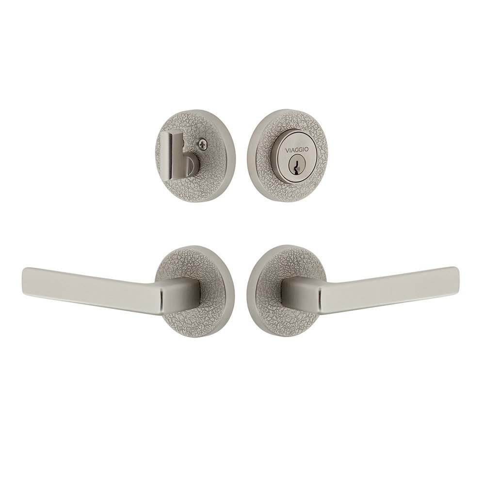 Circolo Leather Rosette with Lusso Lever and matching Deadbolt in Satin Nickel