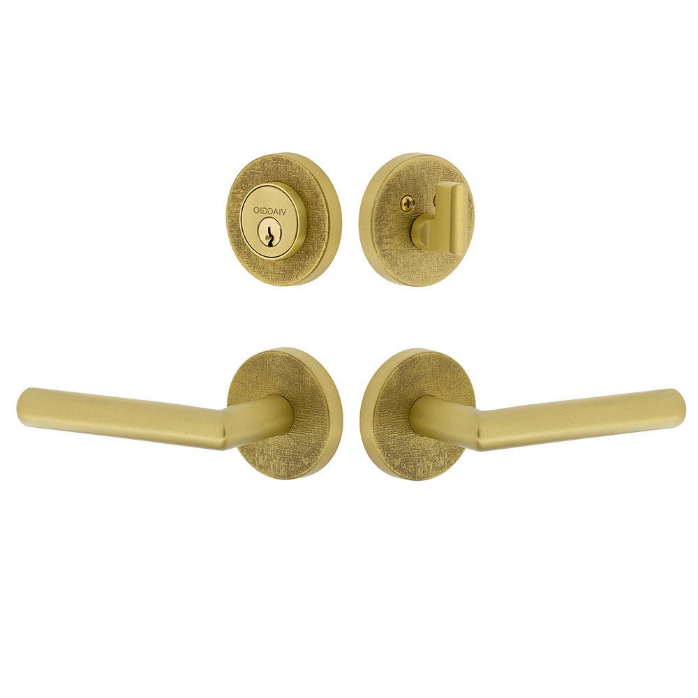 Circolo Linen Rosette with Moderno Lever and matching Deadbolt in Satin Brass