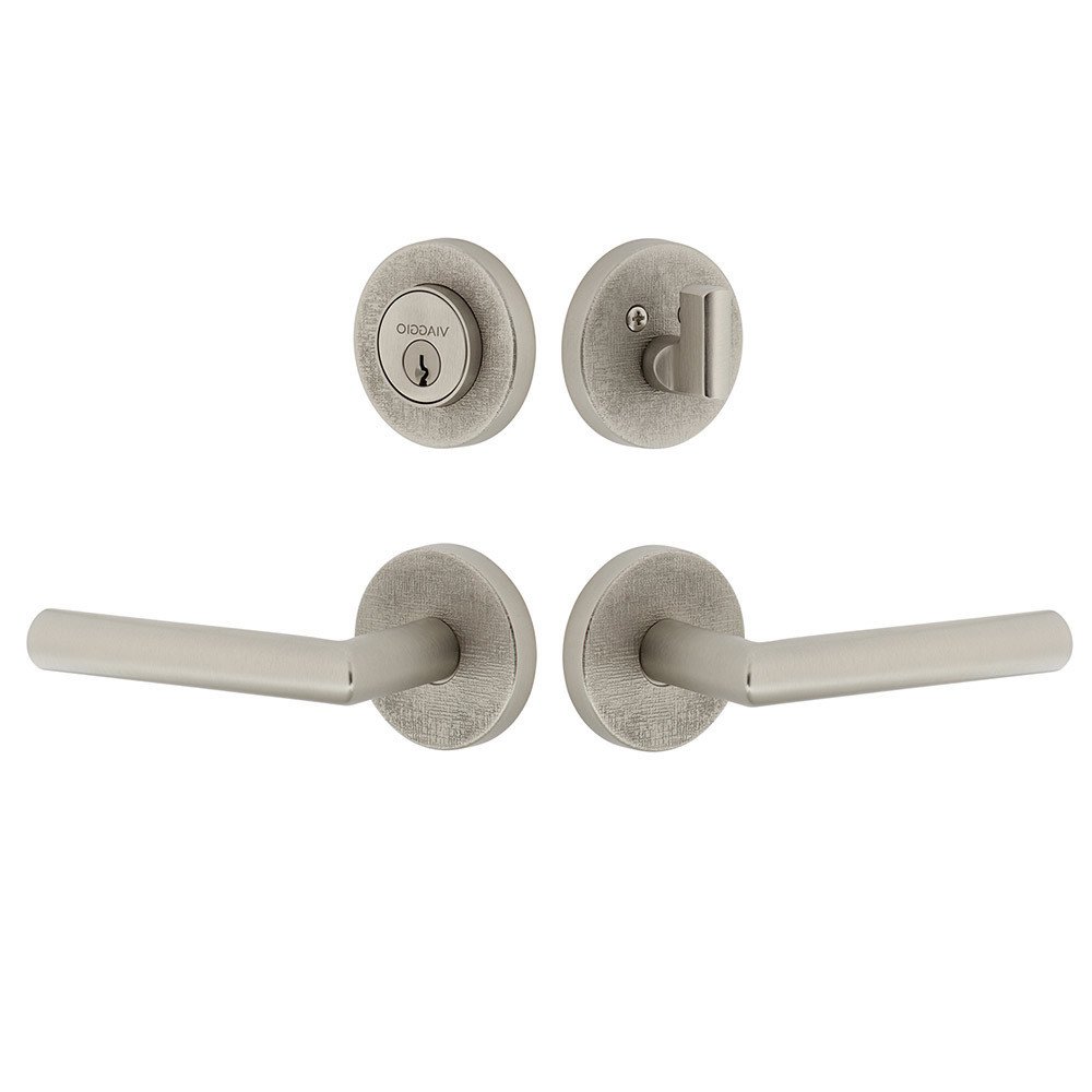 Circolo Linen Rosette with Moderno Lever and matching Deadbolt in Satin Nickel