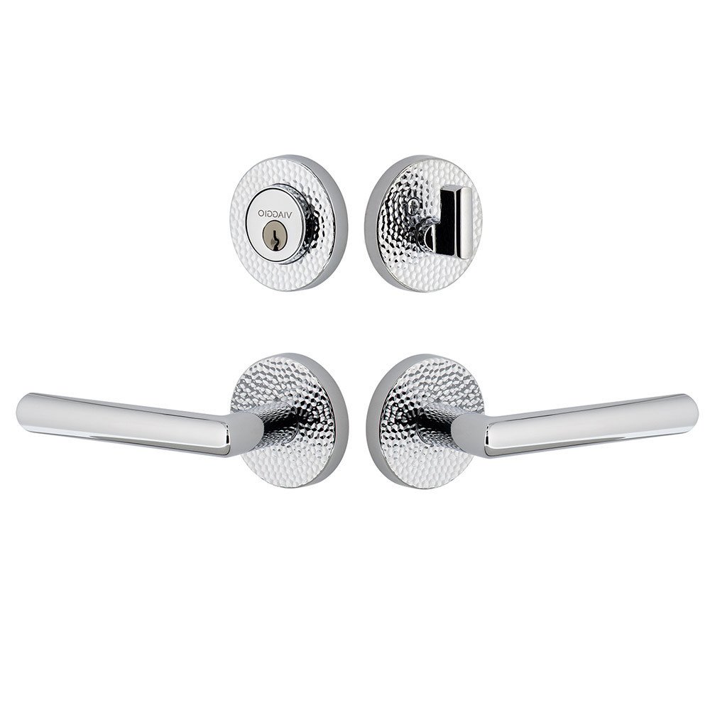 Circolo Hammered Rosette with Moderno Lever and matching Deadbolt in Bright Chrome