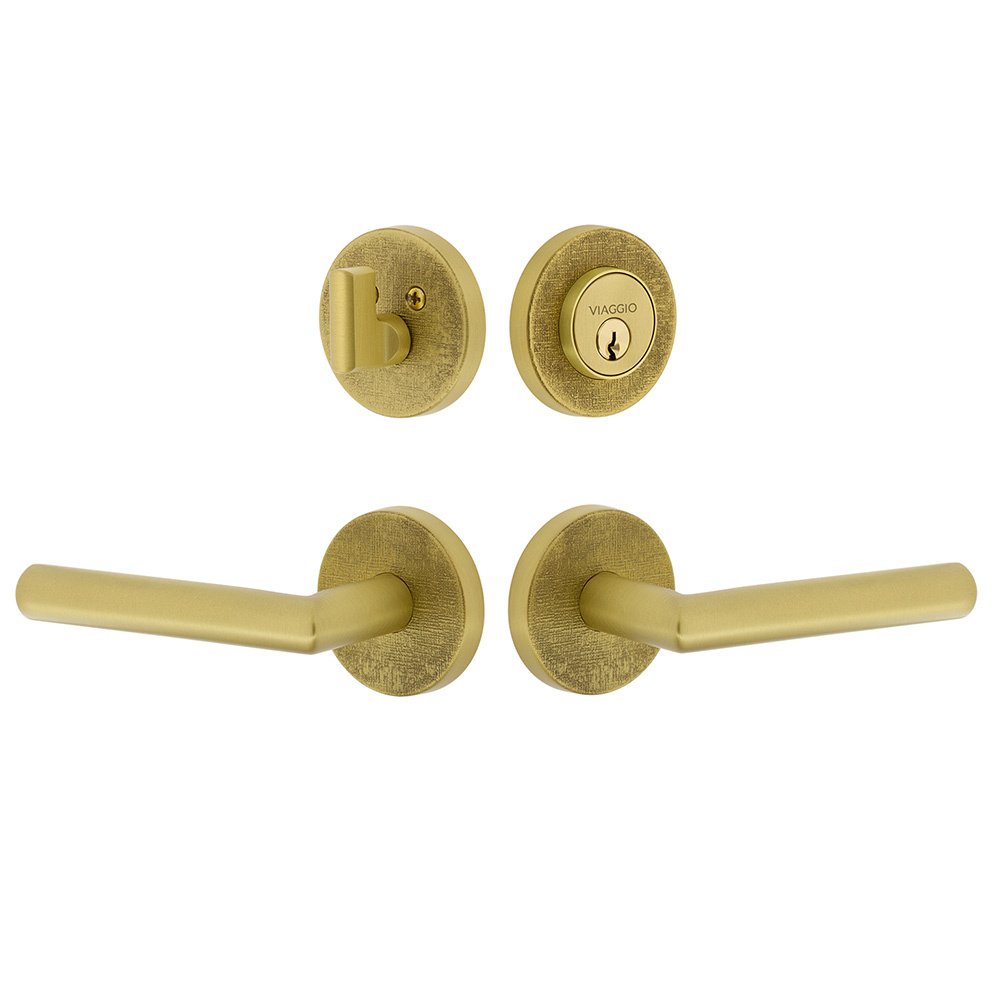 Circolo Linen Rosette with Moderno Lever and matching Deadbolt in Satin Brass